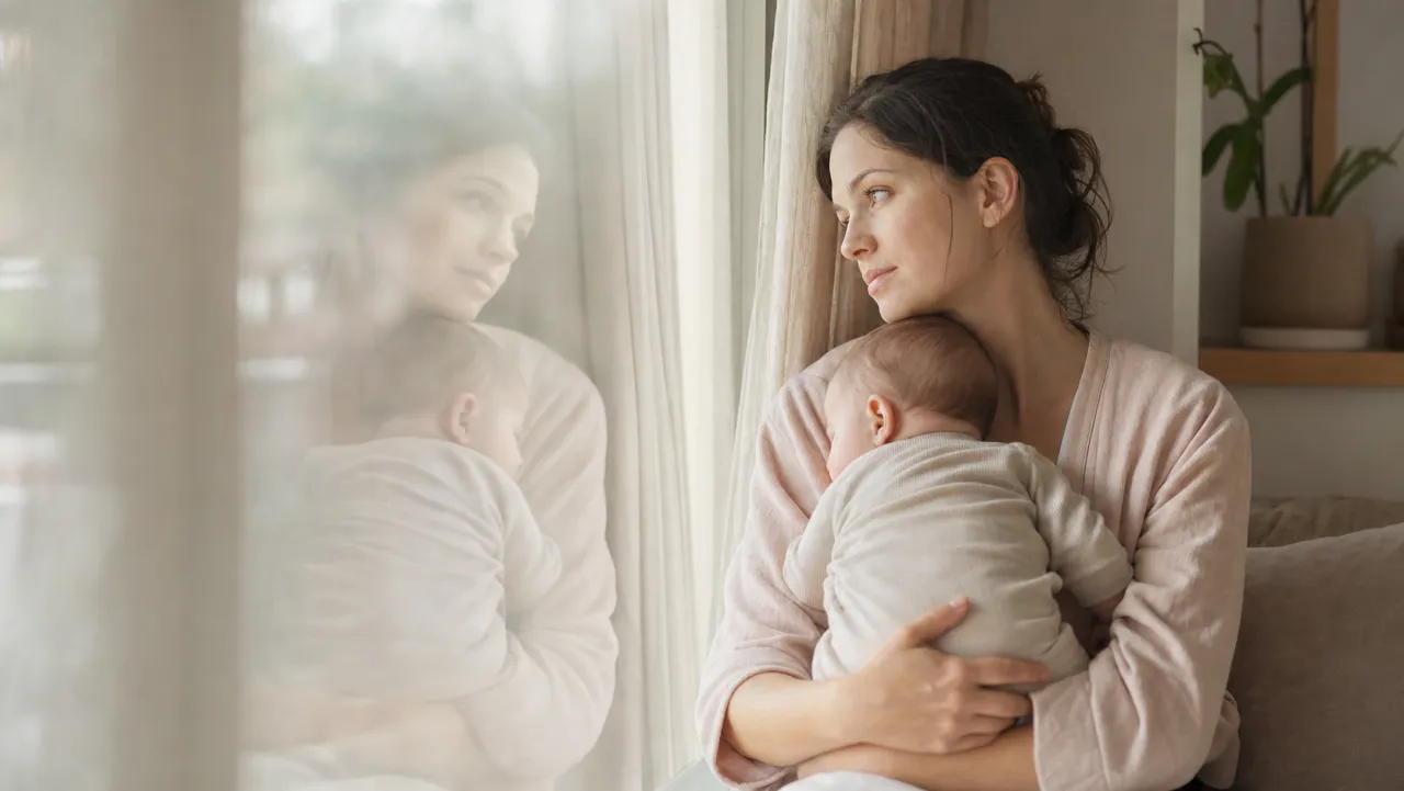 Mama z dojenčkom v naročju zamišljeno gleda skozi okno, v steklu se zrcali njen odsev