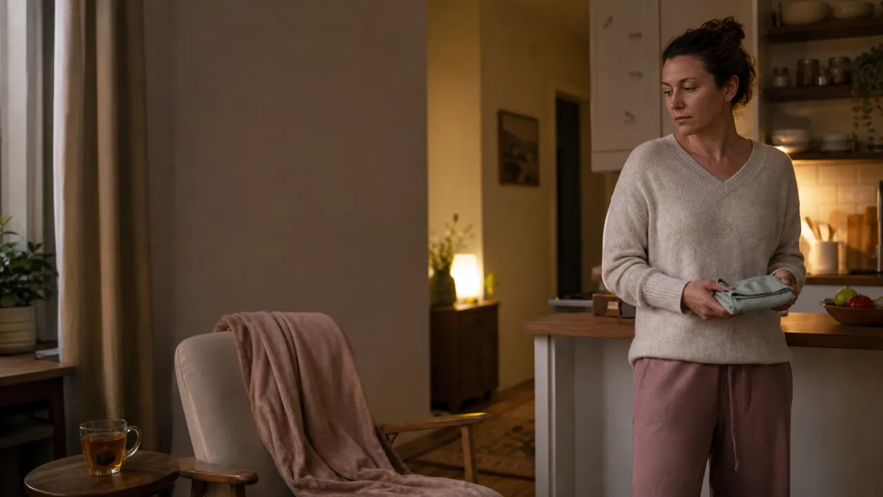 Ženska zlaga perilo v dnevni sobi, kjer jo čakata prazen naslanjač in skodelica čaja
